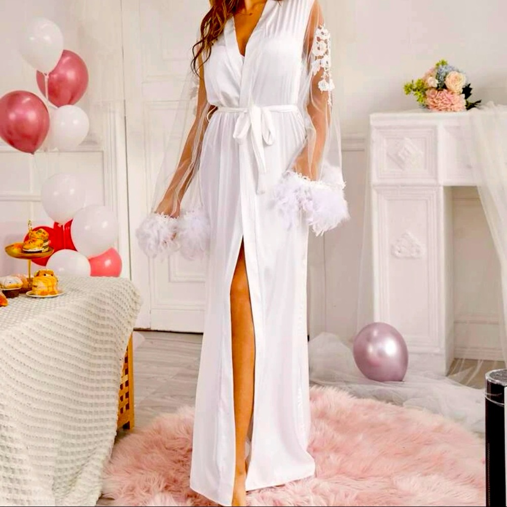 Feather cuff bell sleeved Satin White Robe